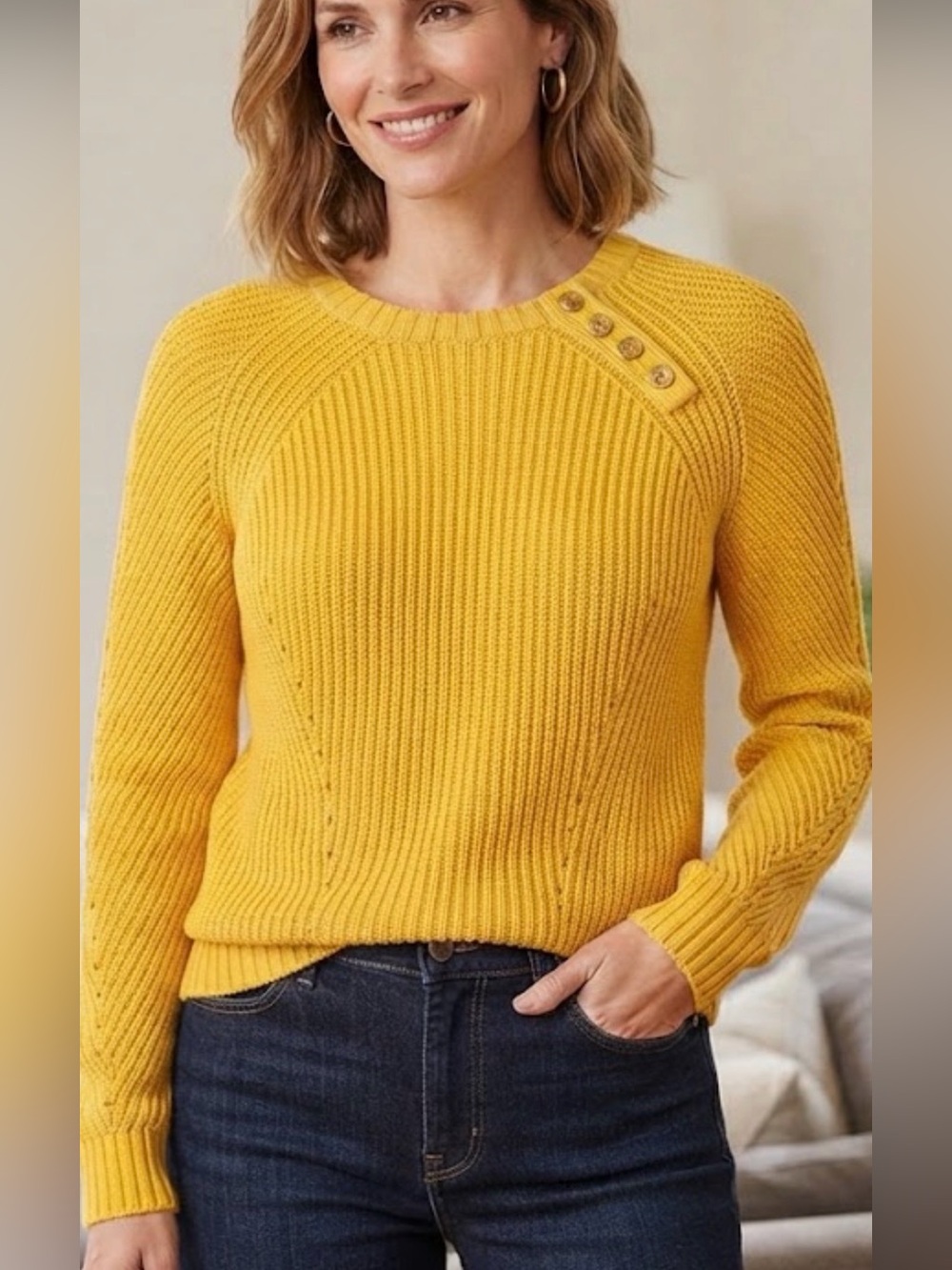 Ralph Lauren Ribbed Button-Shoulder Crewneck Sweater - Yellow